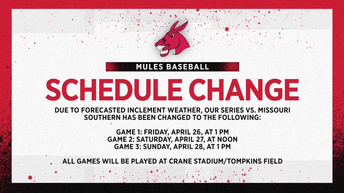 SCHEDULE CHANGE Due to forecasted inclement weather, our series schedule vs. Missouri Southern has been altered. New schedule: Game 1: Friday, April 26: 1 p.m. Game 2: Saturday, April 27: Noon Game 3: Sunday, April 28: 1 p.m. 📝 | bit.ly/3U7zjKU #teamUCM