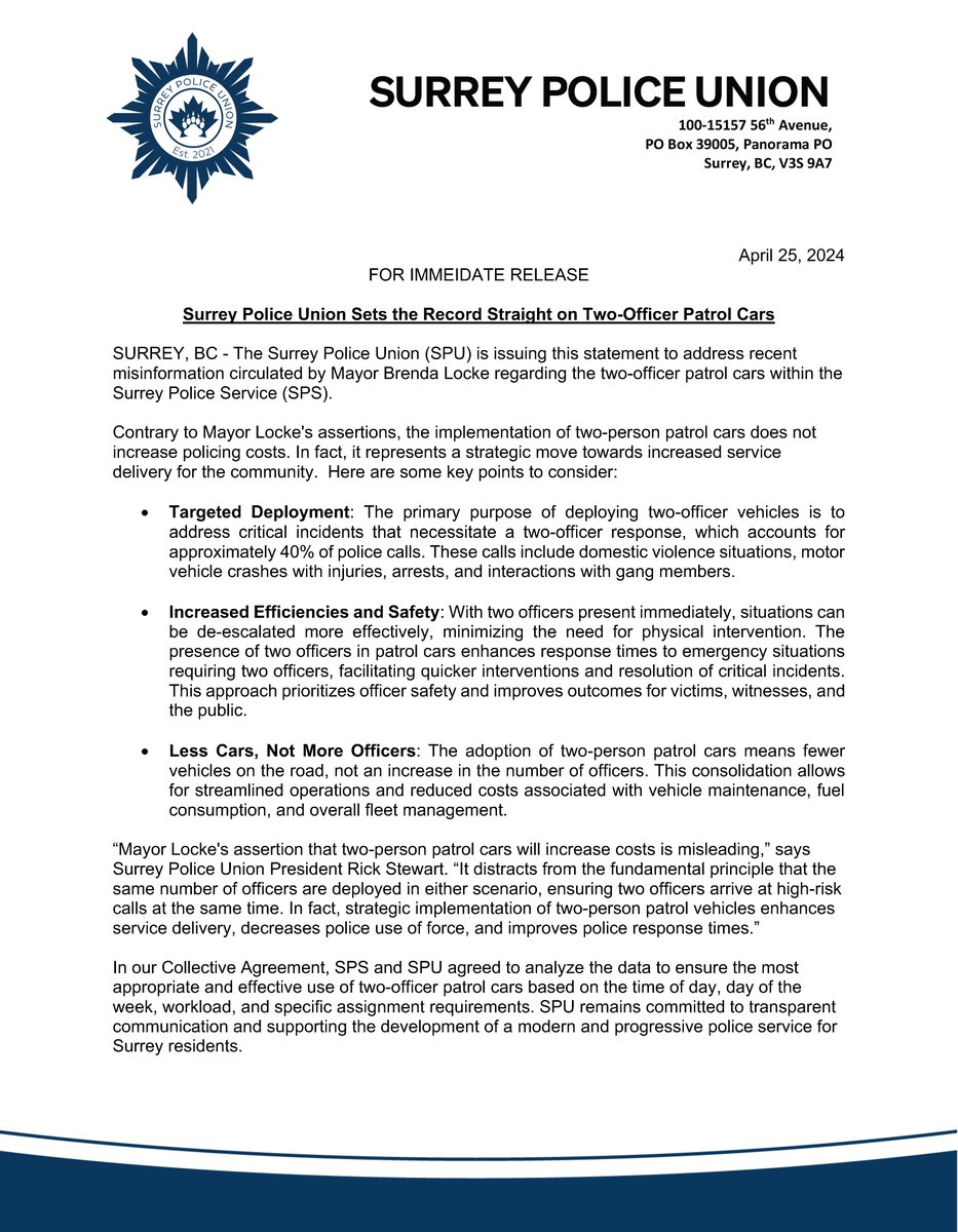 🚨PRESS RELEASE: <a href="/surreypolunion/">Surrey Police Union</a> sets the record straight on two-officer cars. Contrary to recent misinformation by <a href="/SurreyMayor/">Office of the Mayor</a>, it doesn't increase costs; it enhances service delivery &amp; safety. Less cars, not more officers. Read our statement below. #bcpoli