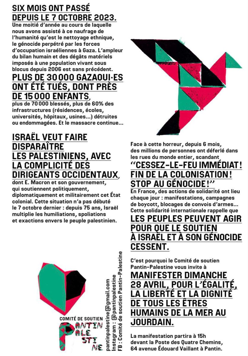 Ce Dimanche 28 Avril, le comité de soutien Pantin Palestine organise une grande marche de soutien au peuple palestinien ! 

RDV À 15H POSTE 4 CHEMINS À PANTIN 28/04/2024
