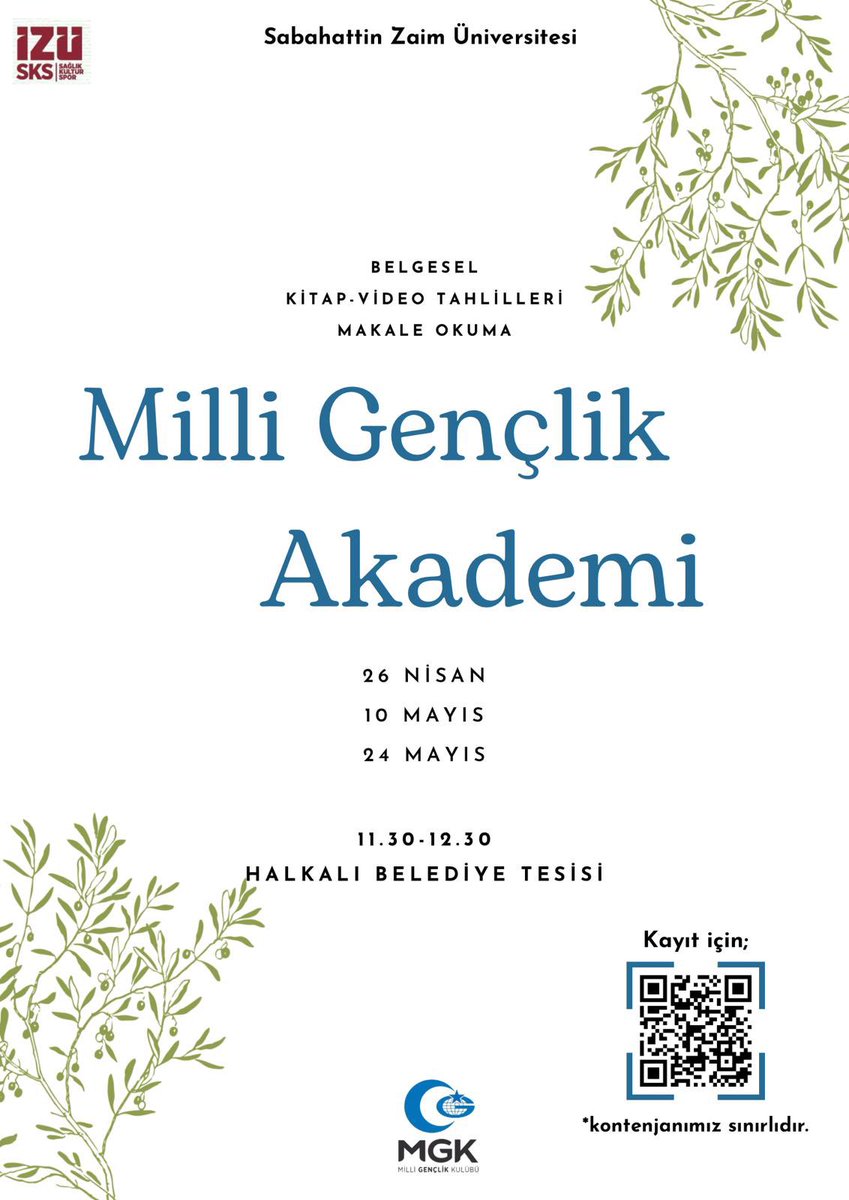 📣Milli Gençlik Akademi başlıyor🥳
📌Belgesel 
📌Kitap ve Video Tahlilleri
📌Makale Okumaları
Etkinliğimize tüm hanım kardeşlerimiz davetlidir🌷
📍Halkalı Belediye Tesisi
🗓️26 Nisan, 10 Mayıs, 24 Mayıs
🕣11.30-12.30

📣Katılacak arkadaşlarımızın formu doldurması gerekmektedir.