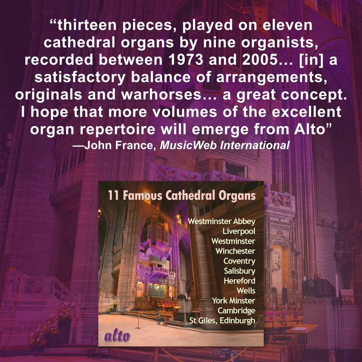 “This is a great concept. I hope that more volumes of the excellent organ repertoire will emerge from Alto” —John France, @MusicWebInt musicwebinternational.com/?p=34686