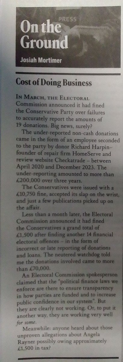 I learned today that the Tories have been fined twice this year by the Electoral Commission for under-reported donations. I haven't seen this anywhere but in @BylineTimes. This is how far MSM is interfering with our democracy. Forget Rayner, where is the spotlight on this?