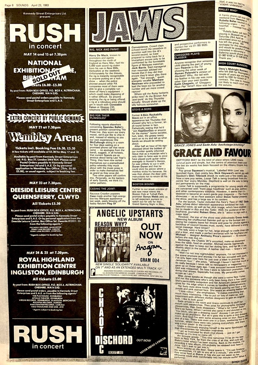In Jaws this week Spandau Ballet find out that not only do the press always have a right( and means) of reply, but they tend to write the history too.

Also a good old yarn involving Grace Jones and Sade.

@SpandauBallet @gracejones @SadeOfficial 

Sounds Apr 23rd issue 1983