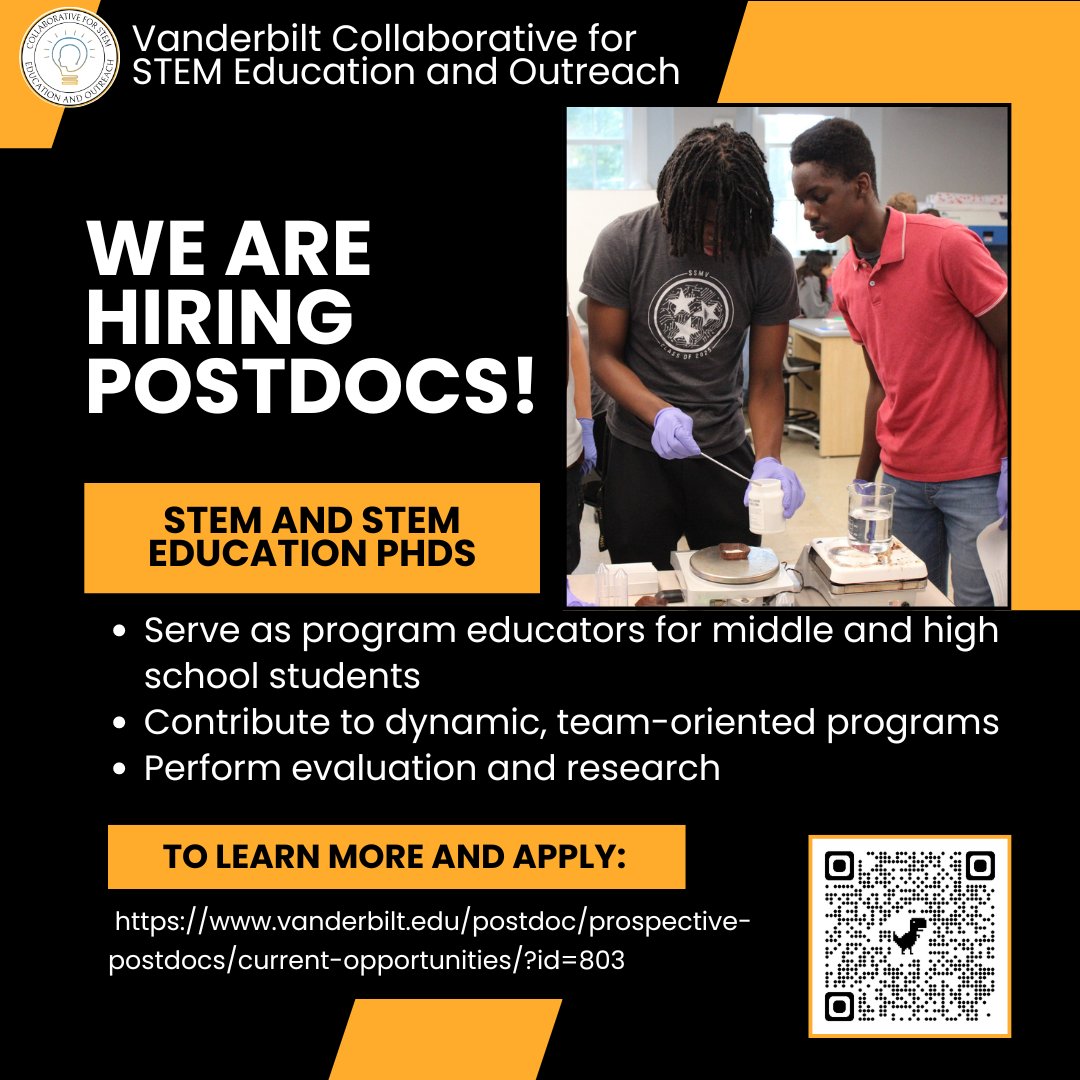 Come work with us! The @VanderbiltCSEO is now hiring #STEM and #STEMeducation postdocs!!

Learn more & apply here: vanderbilt.edu/postdoc/prospe…

@VanderbiltCSEO @HCarlone @vupeabody @MetroSchools #STEMed