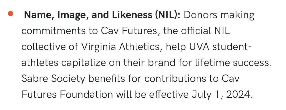 Virginia isn't wasting time in taking advantage of the new VA #NIL law. As of July 1, donations to collective @cavfutures count as contributions towards the Virginia Athletics Foundation's new giving society. This is currently against NCAA rules, but allowed by the new law.