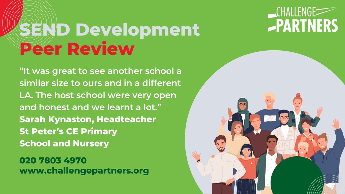 New to #ChallengePartners' #SEND Developmental Peer Review? For schools who would like to focus on enhancing provision and outcomes for pupils with #SEND, key benefits include ... ⭐️Benchmarking ⭐️Expert Matching ⭐️Peer Review Days ... and more, including Lead Facilitator…