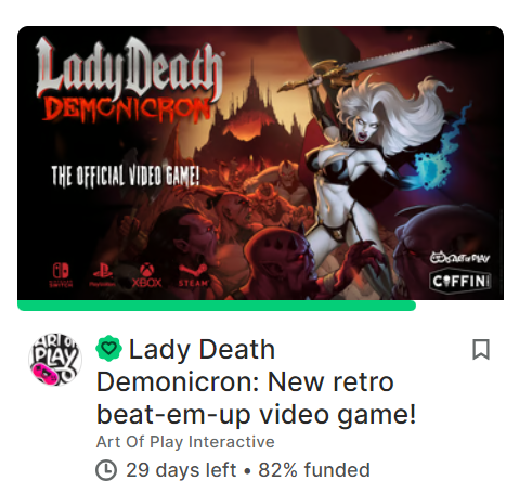 🎉We are now a little more than 80% funded!🎉
Still have a little bit to go, so you still have time to jump in and help us make the best Lady Death game!🔥

Thanks to everyone who already joined.♥️

#beatemup #ladydeath #gaming #indiegame #comicbook #SuperHeroine