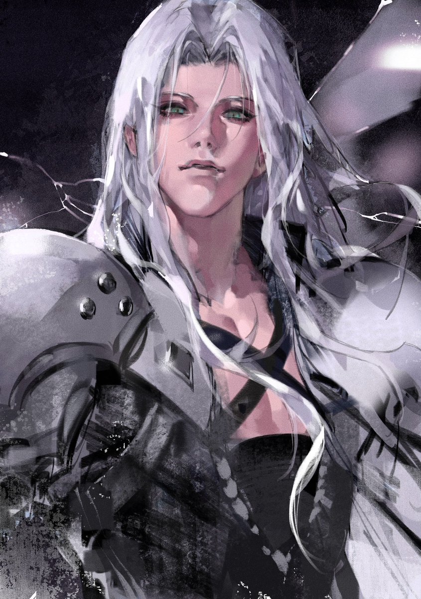 sephiroth solo long hair looking at viewer 1boy green eyes jacket upper body  illustration images