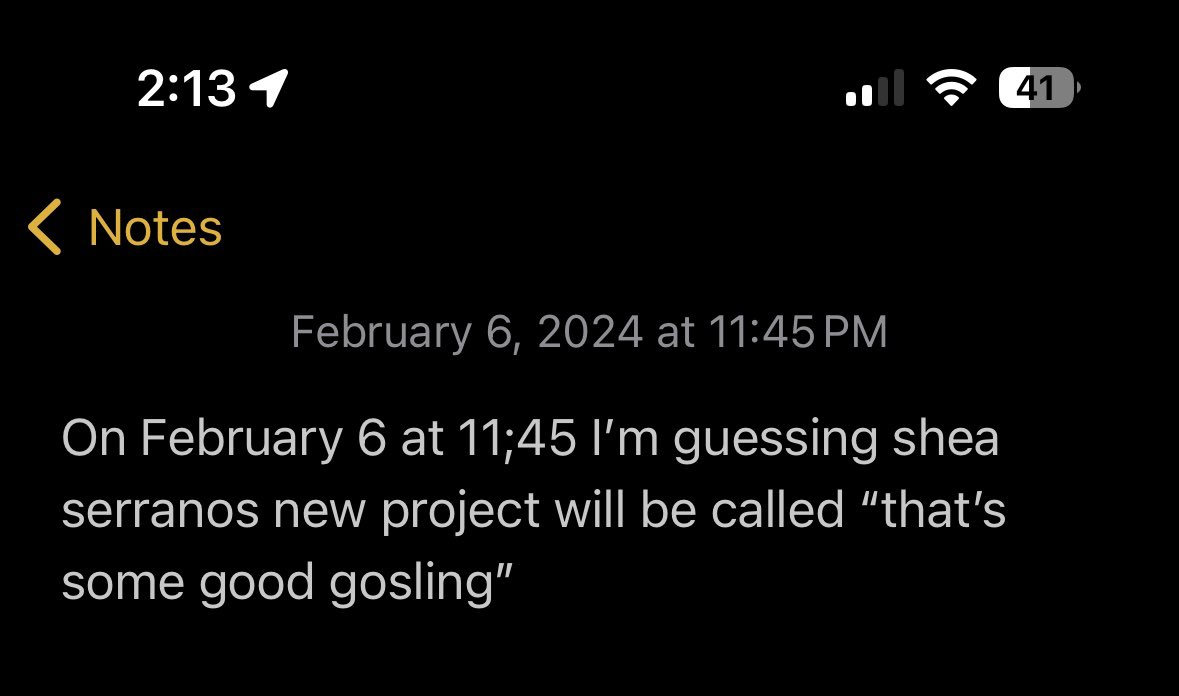 ChrisCollins08's tweet photo. @SheaSerrano I’m well aware how weird this is, but on February 6 I took a guess and wrote down what I think the title of your next project will be. The picture you used in today’s email makes me feel good about it https://t.co/R2krWd6SbE