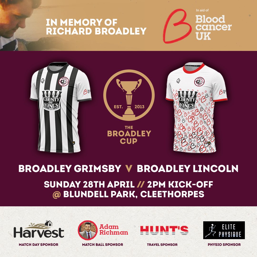 Delighted to announce that @AdamRichman will be our match ball sponsor for the Broadley Cup! ❤️ Broadley FC Grimsby 🆚 Broadley FC Lincoln 📅 Sunday 28th April 2024 ⏰ 2pm KO 🏟 Blundell Park, Cleethorpes 🎟 Free - donations to Blood Cancer UK welcomed- justgiving.com/broadleyfc