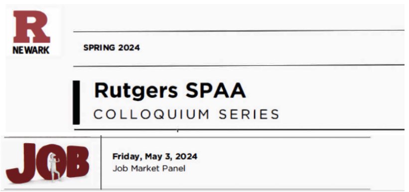 RutgersSPAA's tweet photo. #RutgersSPAA is hosting a PhD Job Market Panel on 5/3/24 (11am; CPS309), with SPAA alumni Inkyu Kang @InkyuKang1 (PhD'22), Seth Meyer @SethJMeyer (PhD'18), and Kayla Schwoerer @SchwoerersKayla (PhD'22). 
#PhDJobMarketPanel #phd #phdjob #RutgersSPAAalumni https://t.co/TNgdrwrFpw