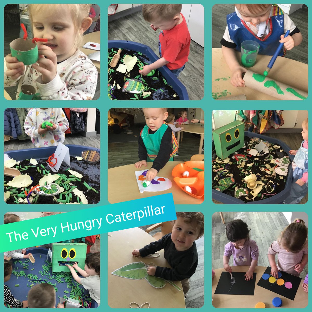 After reading the story 'The Very Hungry Caterpillar', the children enjoyed threading leaves, creating caterpillar and butterfly pictures and models using various materials and fed the caterpillar food in the tuft tray 🐛🍃🦋🎨 #PlayLearnThrive #HindleyGreenNursery @QUESTtrust