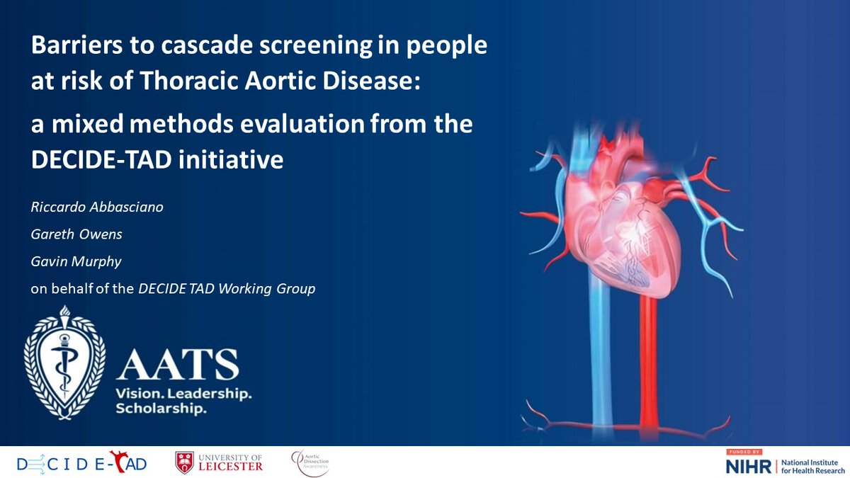 Today @RAbbasciano presented our @NIHRresearch DECIDE-TAD research program with @UoLCVS at the world's most prestigious #Aortic symposium #Aortic2024. Read more about our work in cascade screening of families at risk of TAD here: @AATSHQ @AATSED #AortaEd aorticdissectionawareness.org/research/proje…