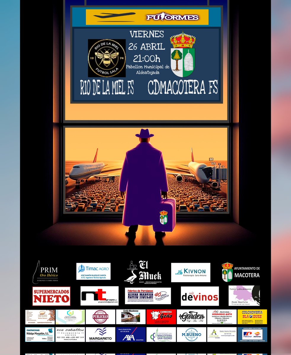 🏆 Jornada 23 Liga <a href="/Futormes/">FUTORMES</a>
⚽️ Río de la Miel FS ⚔️ @cdmacoterafs
🏠 Pabellón Municipal de Aldeatejada 
🗓 Viernes 26 de Abril
⏰️ 2️⃣1️⃣:0️⃣0️⃣