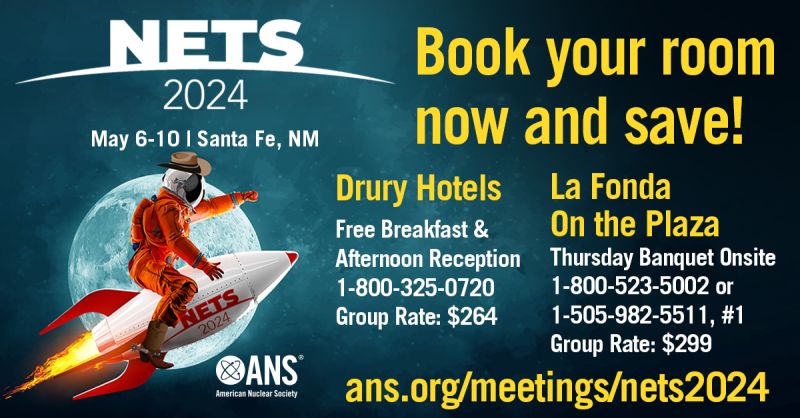 The group hotel rate has been EXTENDED for Nuclear and Emerging Technologies for Space (May 6-10) in Santa Fe, NM! 

Book your hotel room by May 1 for Drury Hotels and May 5 for La Fonda on the Plaza to receive group rates. 
ans.org/meetings/nets2… #NETS2024