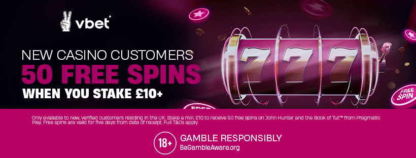 𝟓𝟎 𝐅𝐑𝐄𝐄 𝐒𝐏𝐈𝐍𝐒 when you stake £10+ on Slots! 👊 Learn more 👉 vbet.biz/3v7EwtQ