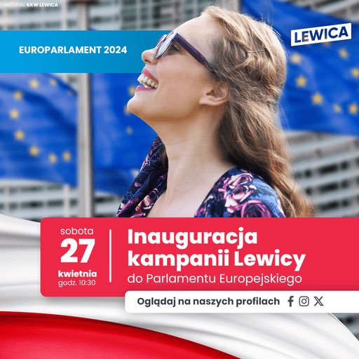 📣 Już w najbliższą sobotę inauguracja kampanii Lewicy do Parlamentu Europejskiego! 🇵🇱🇪🇺 🤔 Jaka powinna być przyszłość UE Już w sobotę nasze liderki i liderzy opowiedzą o wizji Lewicy na przyszłość UE. 🔴 Bądźcie z nami na żywo - oglądajcie w mediach społecznościowych! ❤️