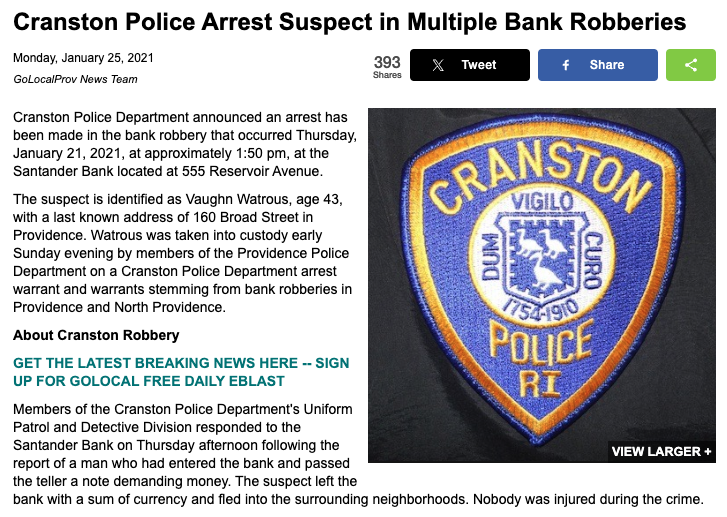 He was arrested 3 years ago by Cranston PD. Once again, the @FBI is stealing credit from local law enforcement after dragging a case out for years to check boxes on their quotas.

Defund the FBI.
golocalprov.com/news/new-crans…