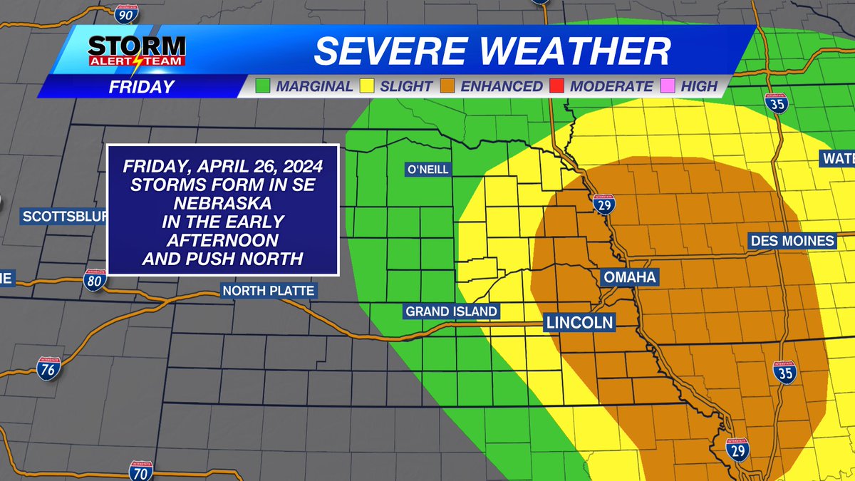 rustywx's tweet photo. This is for FRIDAY afternoon.

Lincoln is now in the level 3 Enhanced Risk for severe storms. Notice the hashmarks on the tornado and hail risk graphics. This means EF-2+ tornadoes and 2"+ diameter hail will be possible. https://t.co/bVO8a9VcQW
