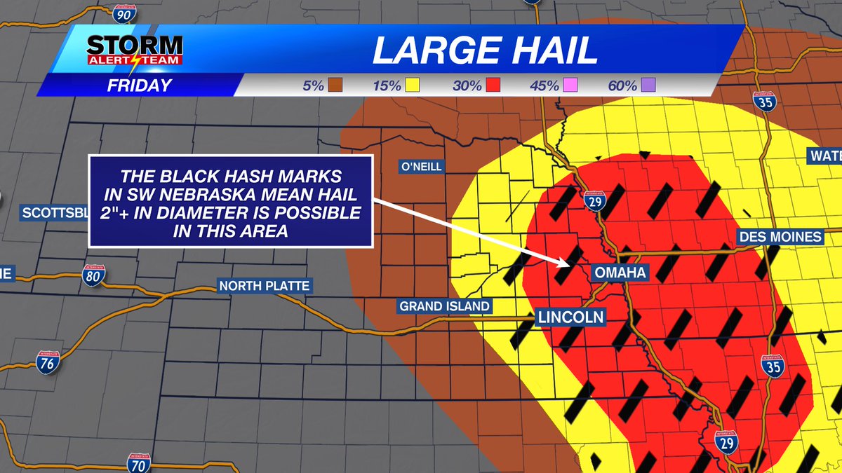 rustywx's tweet photo. This is for FRIDAY afternoon.

Lincoln is now in the level 3 Enhanced Risk for severe storms. Notice the hashmarks on the tornado and hail risk graphics. This means EF-2+ tornadoes and 2"+ diameter hail will be possible. https://t.co/bVO8a9VcQW