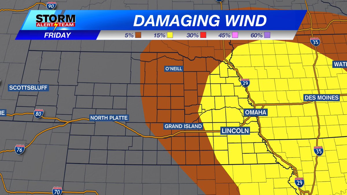 rustywx's tweet photo. This is for FRIDAY afternoon.

Lincoln is now in the level 3 Enhanced Risk for severe storms. Notice the hashmarks on the tornado and hail risk graphics. This means EF-2+ tornadoes and 2"+ diameter hail will be possible. https://t.co/bVO8a9VcQW