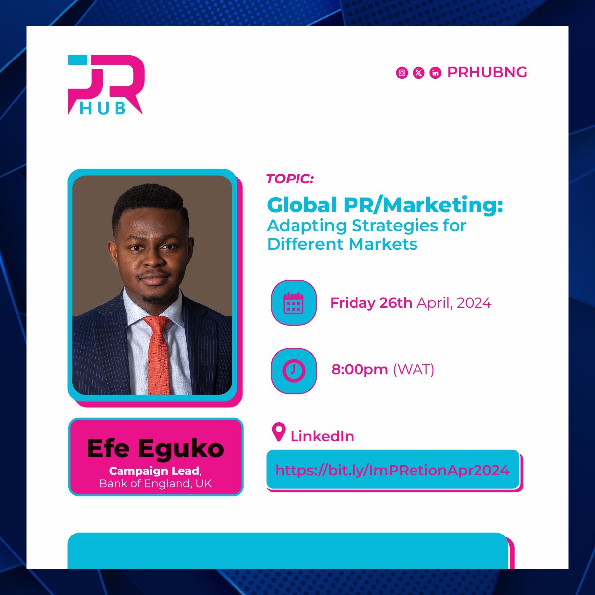PRHubng's tweet photo. Meet our speaker.
Efe Eguko is a seasoned marketing professional, with over 13 years of experience across both private and public sectors in the United Kingdom. He began his journey in Nigeria where he spearheaded marketing and PR activations for FMCG brands.
#PRHub #ImPRetion https://t.co/LmvvLdQilZ