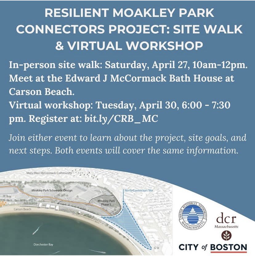 Join @CityOfBoston and @MassGov to learn about their coastal resilience strategies on the state-owned land north and south of Moakley Park. Attend the upcoming site walk or virtual workshop.

Info: boston.gov/departments/en…

#coastalresilience #southboston #southie #moakleypark