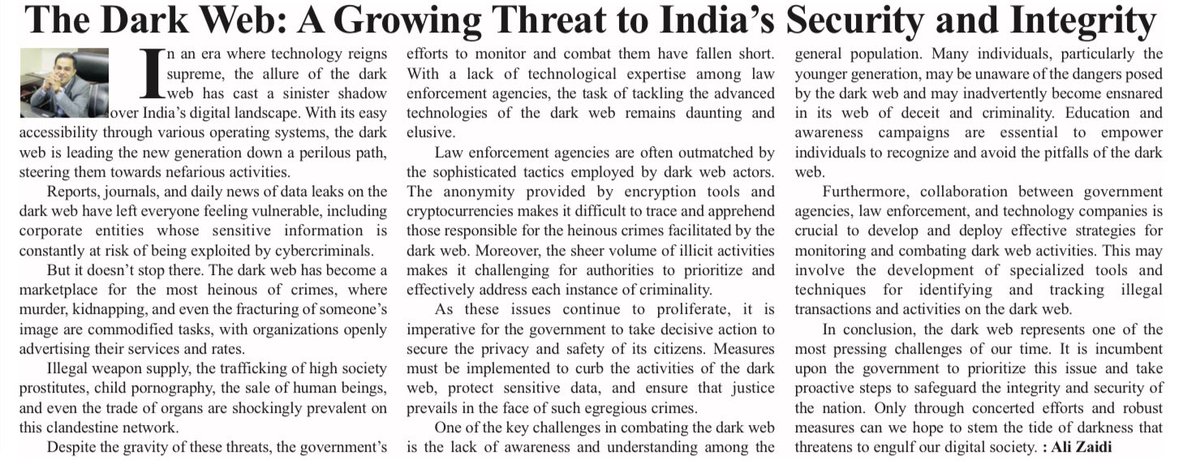 AliZaidi_Adv's tweet photo. “Shedding light on the dark web”
Dark web's menace looms large, threatening India's digital realm. From data leaks to heinous crimes, its grip tightens. Govt's response falls short; urgent action needed to tackle this growing threat. 

#EditorialInsight #DarkWeb# https://t.co/g7zpROCMdq