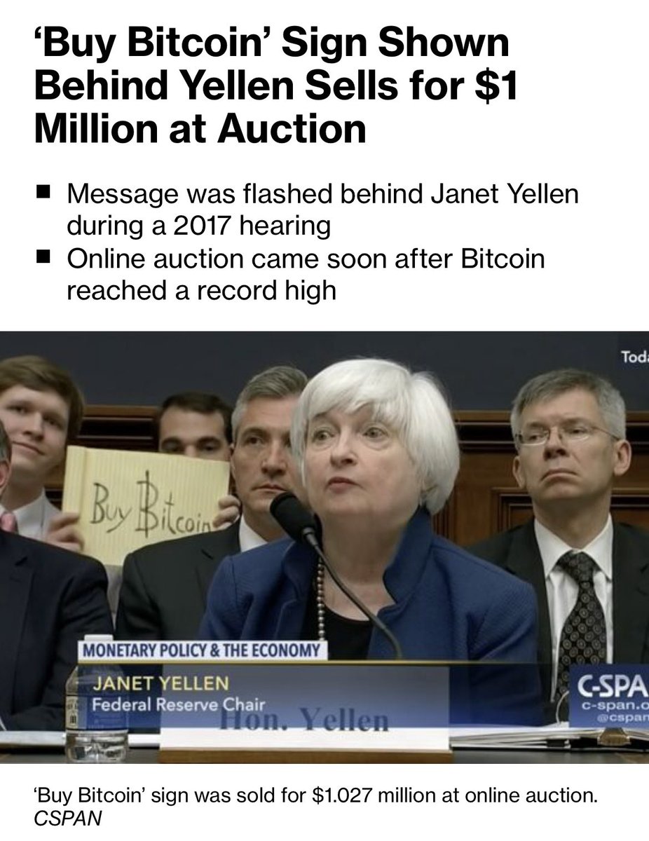 There is a social mood reflexivity signal lurking around here.. “Buy Bitcoin”  note pad “flash bombed” during a 2017 Yellen Senate hearing sold for US$1  million. #BuyBitcoin $BTCUSD $ETHUSD #Cryptocurency