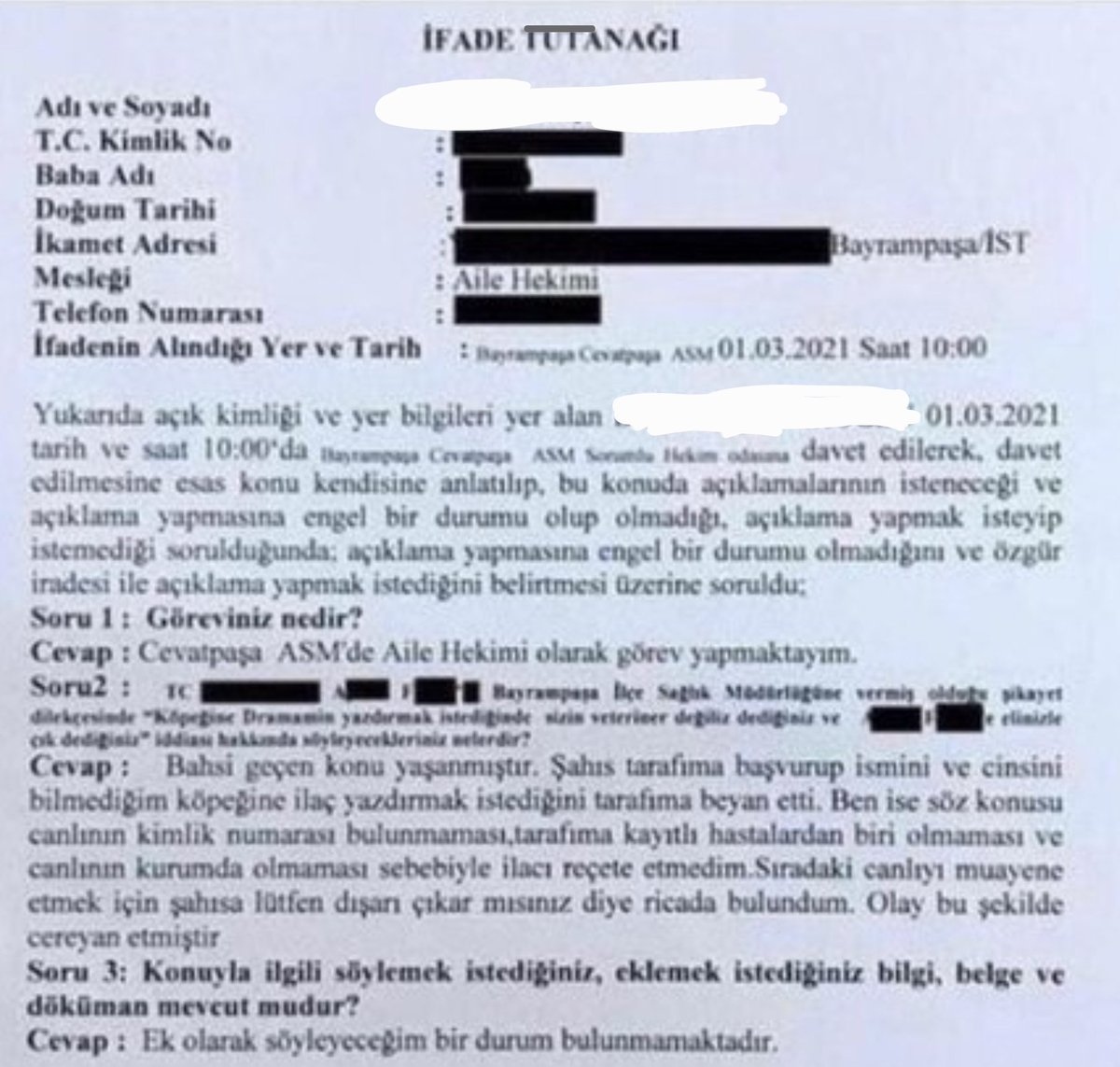 SORU: KÖPEĞE 😱😱İLACI NİYE YAZMADIN? ‼️‼️‼️ CEVAP: İlaç yazılması talep edilen canlı (köpek)in TC kimlik numarasının bulunmaması, Asm'ye bizzat başvurmaması ve Asm'ye kayıtlı hastalardan olmaması nedeniyle ilaç yazılmamıştır.‼️‼️‼️ Köpeğe ilaç yazılmadı diye aile hekimine