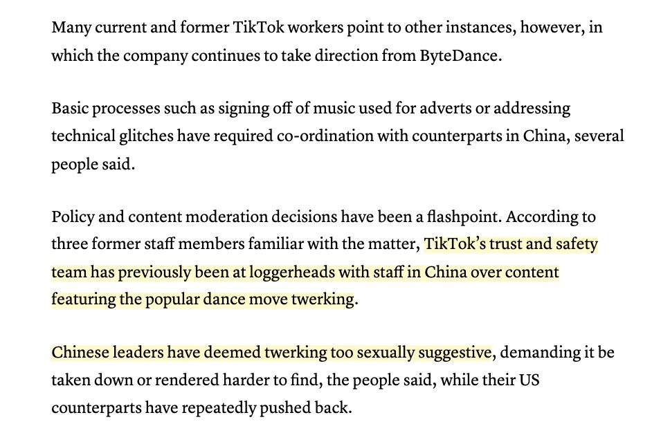 A former TikTok policy manager told FT that Bytedance and TikTok are so interwoven that 'they’re one and the same.' Bytedance execs are taking over leadership roles at TikTok offices everywhere and 'overriding' local decisions. A hilarious point of tension: twerking videos,…