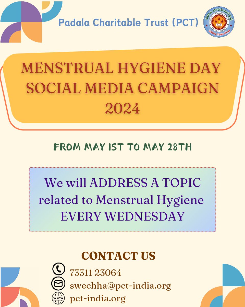 'Join PCT's #MenstrualHygiene campaign! Weekly topics, every Wednesday. Have questions? Contact us! 
Phone - 73311 23064
Email - swechha@pct-india.org
#MHDay2024'