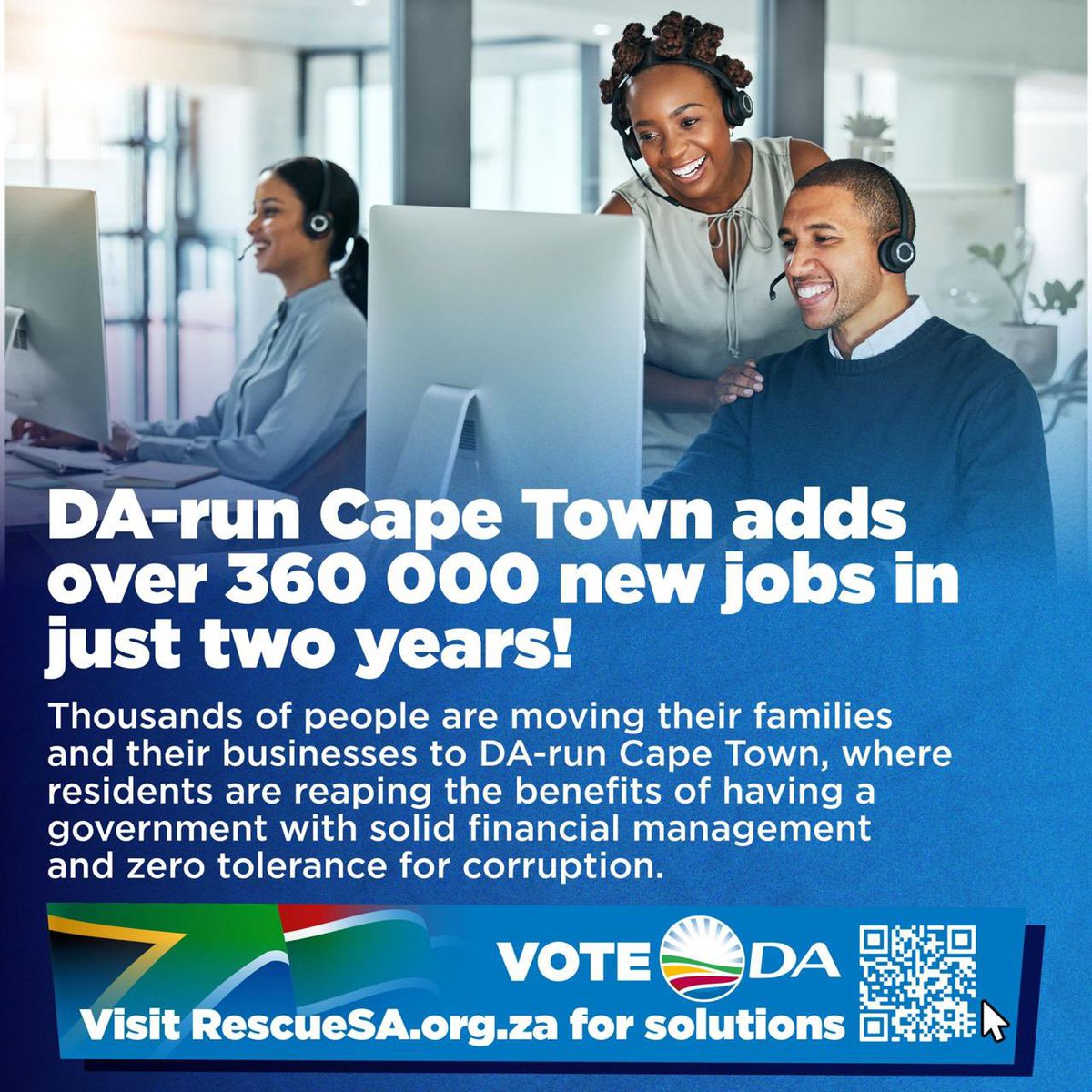 🎉 The DA-run City of Cape Town has added over 360 000 new jobs in just two years! Thousands of people are moving their families and businesses to DA-run Cape Town. Residents under DA governments experience the benefits of the DA's solid financial management and good governance.