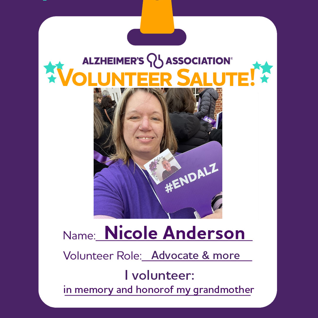 THANK YOU, Nicole Anderson @NicoleA521: 
community engagement committee member, Alzheimer's Congressional Team (ACT) member, participant of Maryland Advocacy Day, AIM Advocacy Forum and Walk to End Alzheimer's, and fundraiser for The Longest Day. #ENDALZ