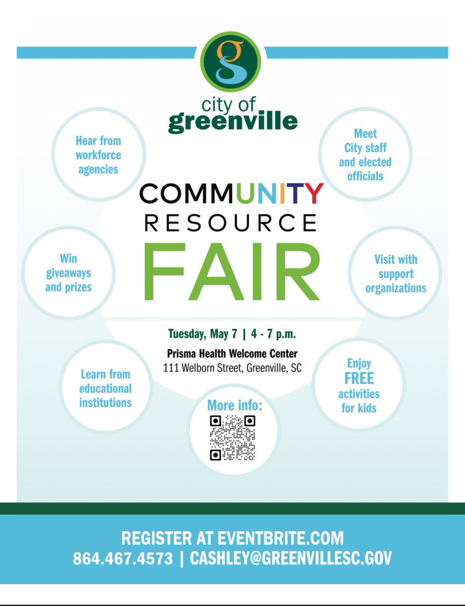 Great opportunity for families of Southside 🐅
CommUNITY Resource Fair at the Prisma Health Welcome Center in Unity Park on Tuesday, May 7 from 4-7PM. There will also be hourly giveaways and prizes as well as free activities for kids.
<a href="/gcschools/">Greenville County Schools</a>