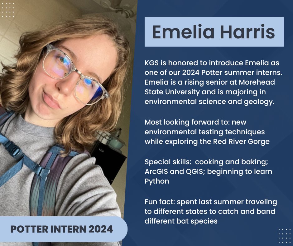 KGSNews's tweet photo. #KGS is so excited to introduce our third (of six!) 2024 Paul Edwin Potter summer interns: Emelia Harris.
#Kentucky #geology #geoscience @moreheadstate https://t.co/E8BKi1n7NX
