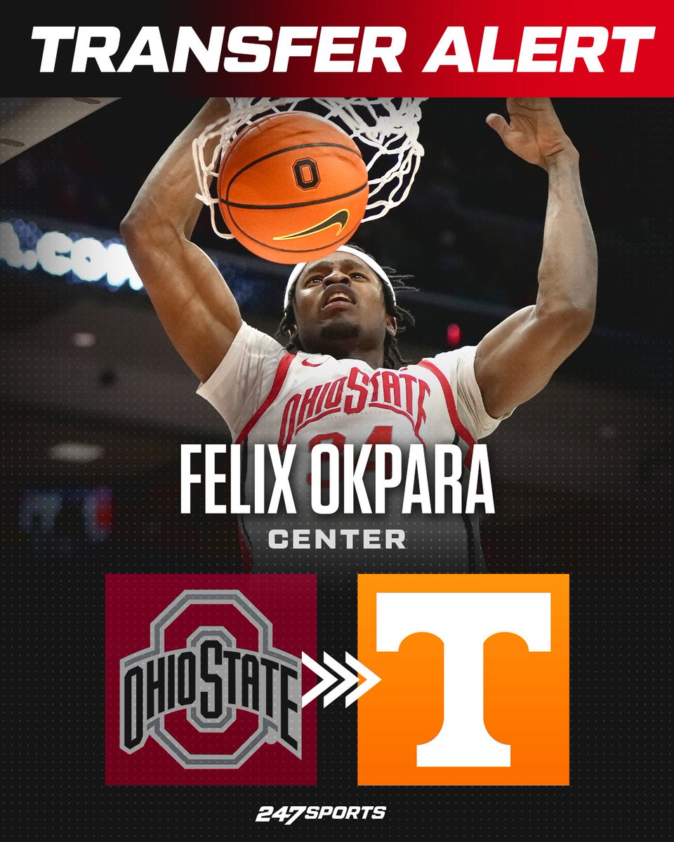 NEW: Ohio State transfer center Felix Okpara has committed to Tennessee coming off an official visit with the #Vols Okpara blocked 83 shots in 34 starts with the Buckeyes last season. 🔗: 247sports.com/college/tennes…