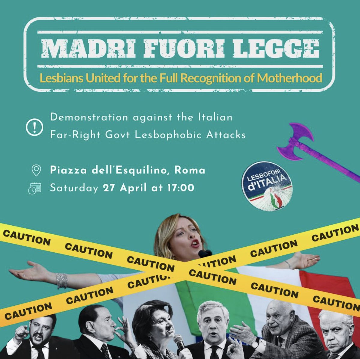 Join us this Saturday, April 27 in Piazza dell'Esquilino, Rome at 17:00 to defend our rights & stand in solidarity against Giorgia Meloni's lesbophobia. The recent victory for lesbian mothers in Padua is under threat, but we refuse to back down: #LesbiansAreMothersToo