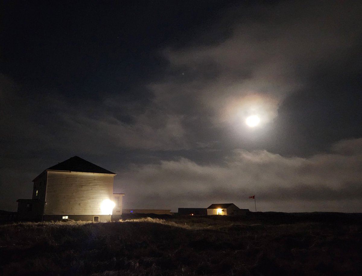 The moon – a Waning Gibbous moon phase – is bright over the #SableIsland Station. It’s 11:55 pm, chilly, ~4.2°C, a 25 kt SW wind. The surf on south beach is rumbling in the distance, otherwise the night is quiet. In another 8-10 days the terns will arrive.
Photo Zoe Lucas.