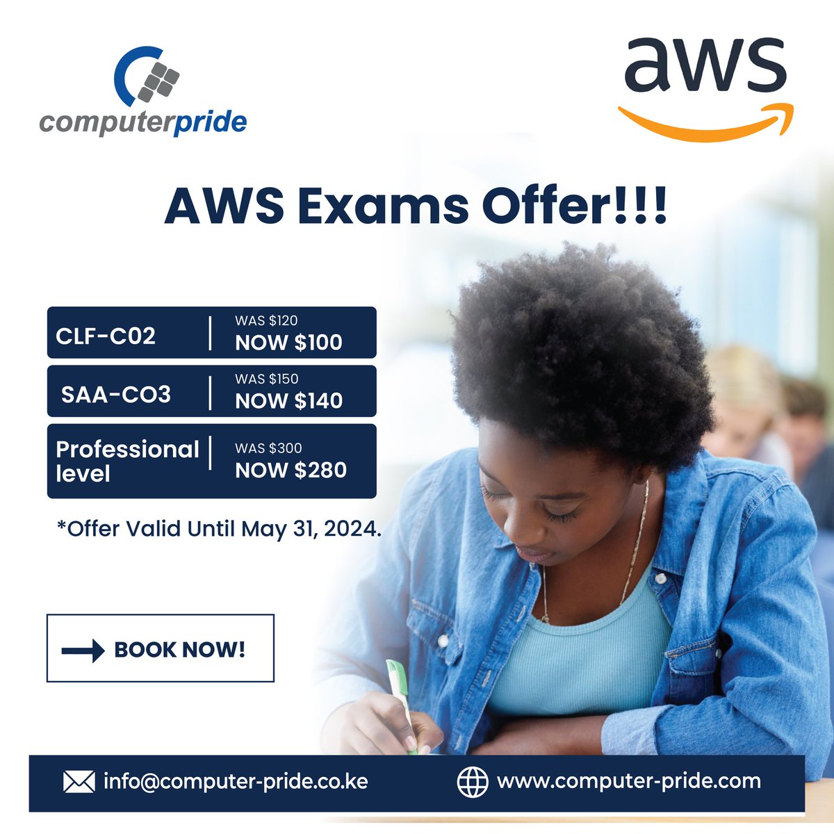 Computer_Pride's tweet image. Level Up Your Cloud Skills with Discounted AWS Exams at Computer Pride!
CLF-C02: $100 (Originally $120)
SAA-CO3: $140 (Originally $150)
Professional Level: Save $20 on all Professional Exams (Originally $300)
Offer valid until May 31st 2024
#computerpride #AWS