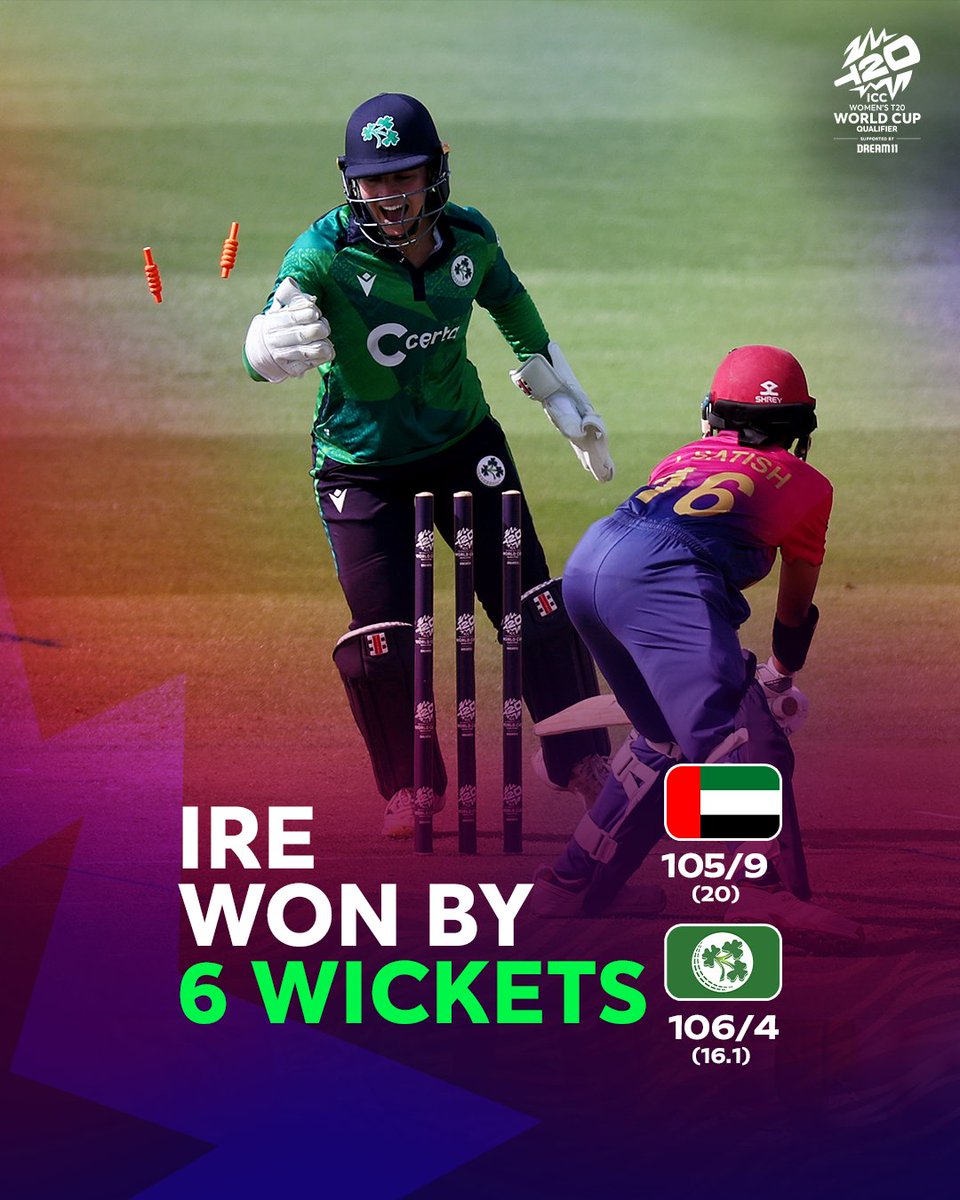 Ireland's all-round excellence helps them to a six-wicket win over tournament hosts UAE 👊 Watch the tournament live and FREE on bit.ly/3UtXEMh in selected territories, and on Fancode in India and the subcontinent. #IREvUAE 📝: bit.ly/4bdJbtB