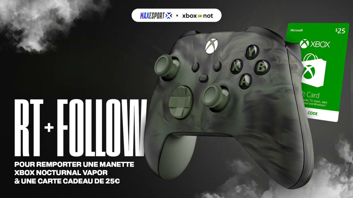 🎁#CONCOURS Avec MaxEsport on vous fait gagner une manette Xbox Nocturnal Vapor + une carte cadeau Xbox de 25€🔥 👉Pour participer : ✅ Follow @MaxEsportGG & @XboxOrNot 🔁 RT ce Tweet ⏰TAS le 06/05/2024