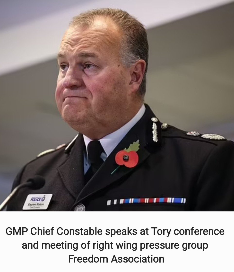 AndrewK19226879's tweet photo. GMP Chief Constable #StephenWatson speaks at Tory conference
He also speaks at right-wing Freedom Association meeting
Tory MPs want him at the Met as he's "anti-woke"
James Daly persuades him to reopen investigation into Rayner
Join the dots
#GTTONow
#ToriesOut658 https://t.co/ffanCiUwb5