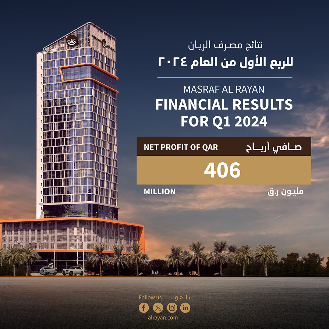 MASRAF AL RAYAN REPORTS A NET PROFIT OF QAR 406 MILLION FOR THE THREE MONTHS ENDING 31 MARCH 2024

مصرف الريان يُعلن عن تحقيق أرباح صافية بقيمة 406 مليون ريال قطري للربع الأول من العام 2024 المنتهي في 31 مارس 2024
#Alrayan #Masraf_Al_Rayan #qatar #Q1 #NetProfit #FinancialResults