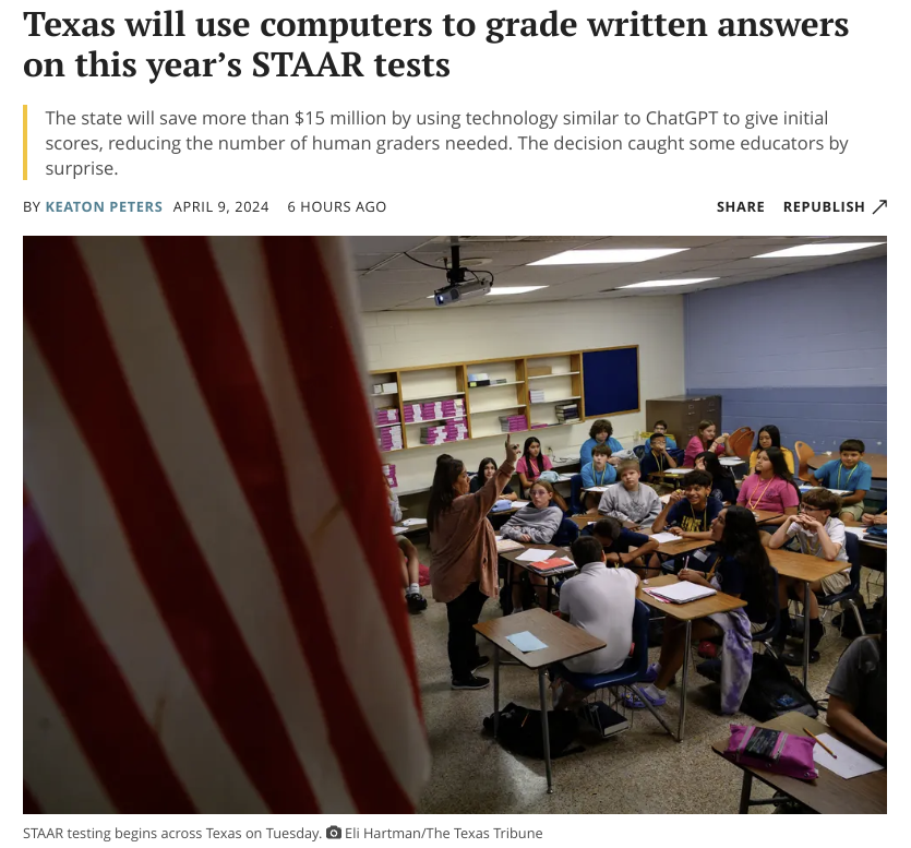 Imagine failing the STAAR because an AI algorithm doesn't understand Texas lingo. Also, this is creating 4,000 less jobs.  texastribune.org/2024/04/09/sta…