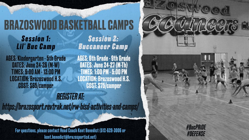 Summer ☀️ planning has begun. Don’t forget to mark your calendars for the B’Wood Summer Boys 🏀 Camp 2024‼️

Registration is NOW open at:

brazosport.revtrak.net/rw-bisd-activi…

#BucPRiDE 🏴‍☠️
#DEFENSE