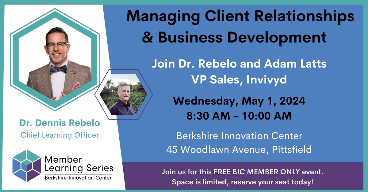 BerkInnovation's tweet photo. Maintaining current client relationships &amp; establishing new ones is key to any successful business endeavor.  Join Dr. Dennis Rebelo &amp; Adam Latts as they cover these two key concepts. 
This #ProfessionalDevelopment workshop is open to all member companies.
https://t.co/3UTnidI4RZ https://t.co/nSCrIyKvav
