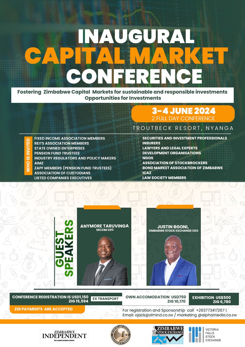 🔴We are pleased to announce that the Inaugural Capital Market Conference is set for Monday  3 and  Tuesday 4, June 2024 at the Troutbeck Resort in #Nyanga, Zimbabwe 
▶️Register today‼️