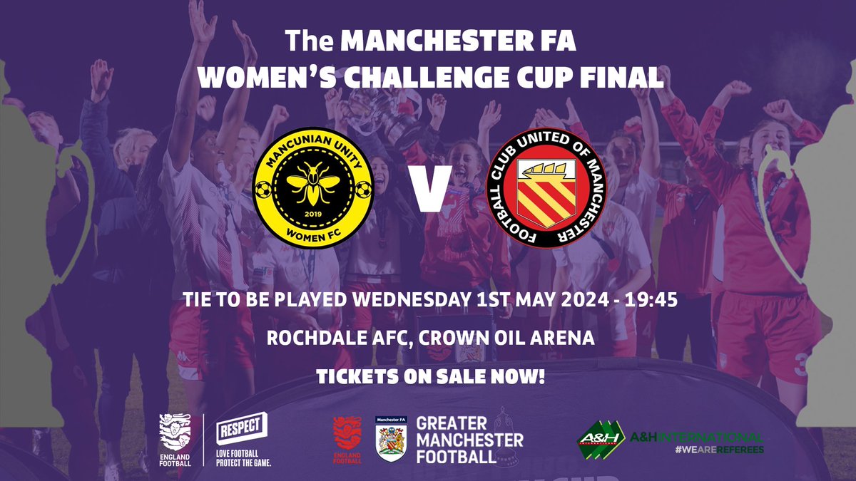 Manchester FA Women's Challenge Cup Final fever is sweeping the city! ⏰Wed 1st May 7:45pm 📍Spotland, Rochdale AFC 🎟️£8, £5 & £1 Tickets can be purchased online using the link below. Let's end the season in style and win the cup! Info⤵️ manchesterfa.com/news/2024/apr/…