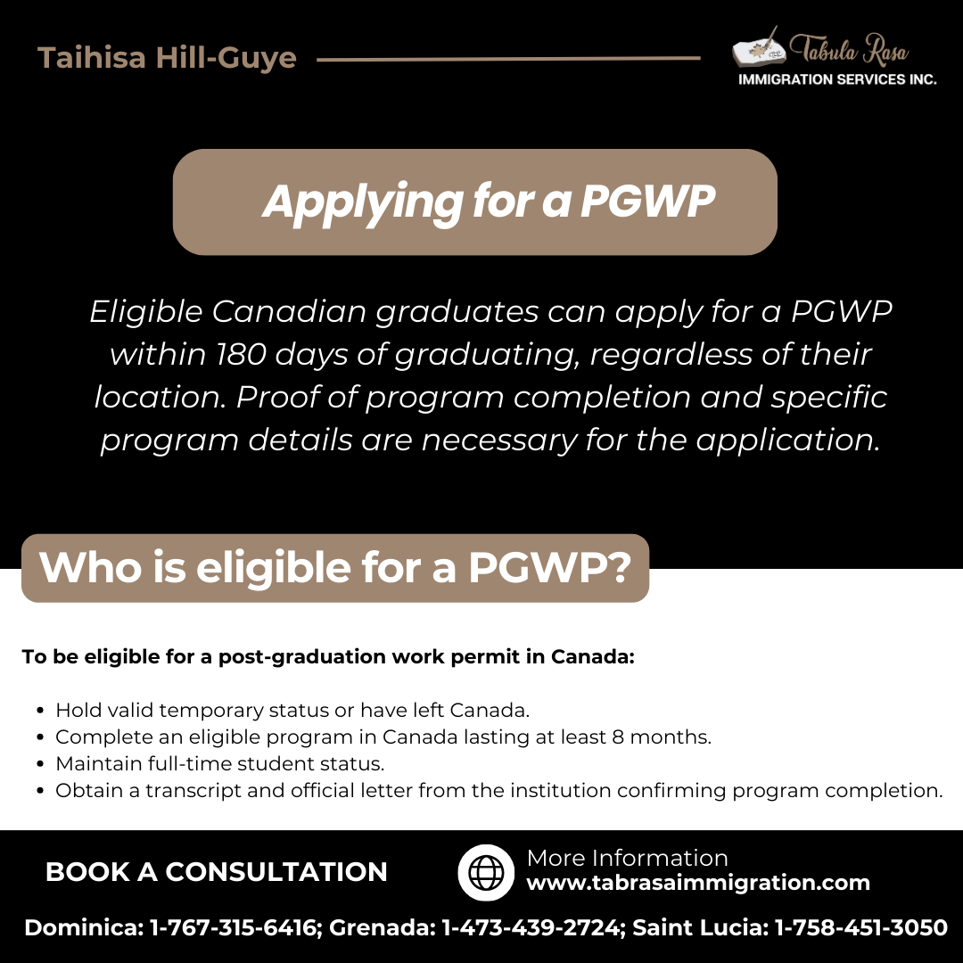 🎓 Calling all Canadian graduates! Did you know that you can apply for a Post-Graduation Work Permit (PGWP) within 180 days of graduating, no matter where you are in the world? 🌍 

#CanadianGraduates #WorkPermit #CareerOpportunity #tabularasaimmigration